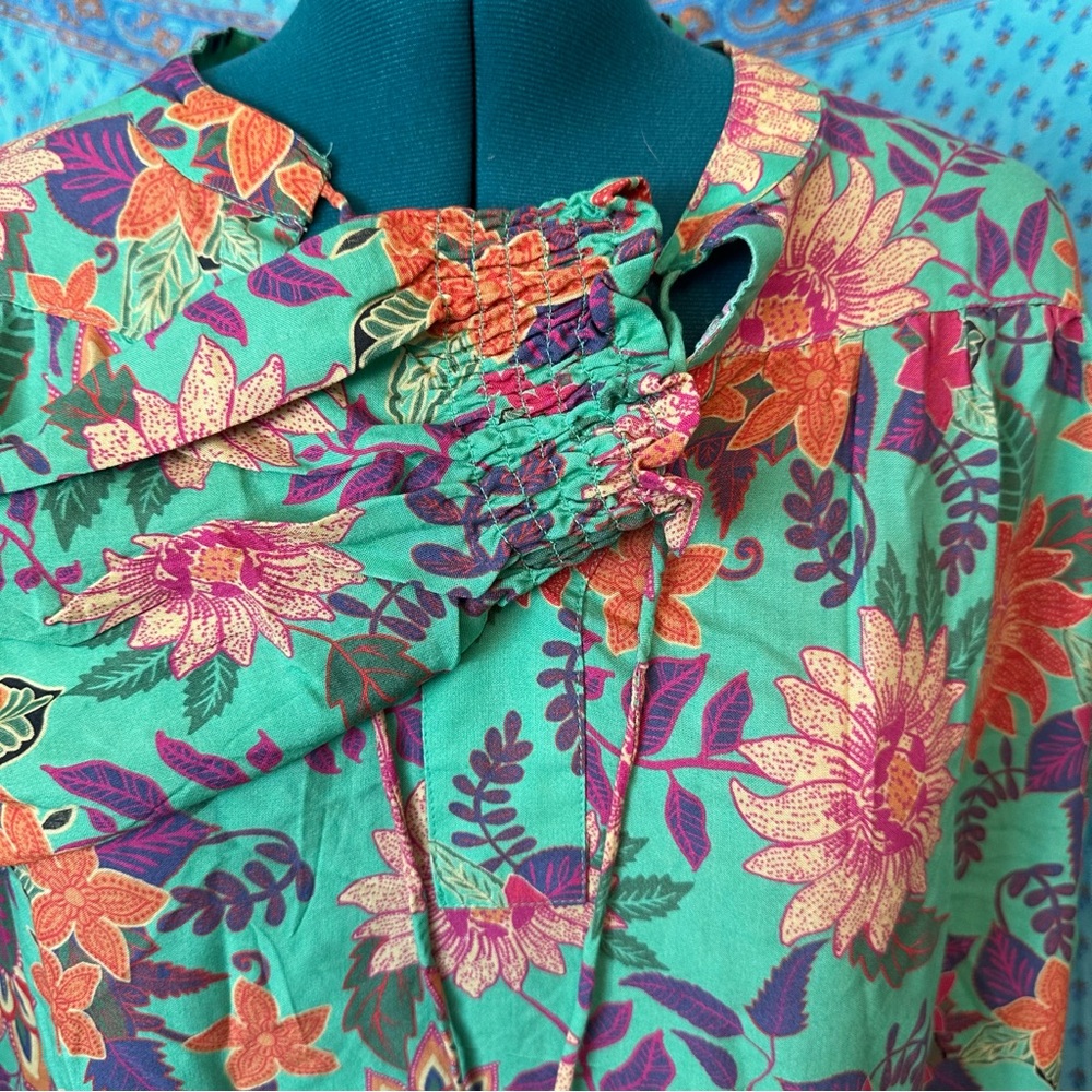 NATURAL LIFE green dress or tunic with Orange, Pink & Purple Floral Print - Picture 4 of 7